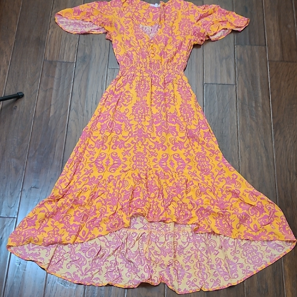 Abel the Label Orange & Pink High-Low Dress with Smocked Waist size Small